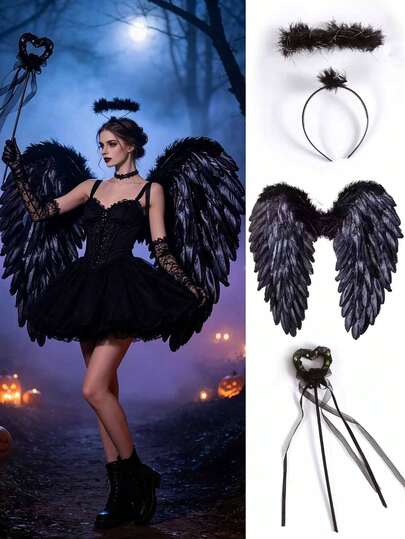 3pcs Halloween Black Angel Wings Costume Accessories, Party Outfit Props, Gothic Style Role Play Props, Halloween Party Supplies, Masquerade