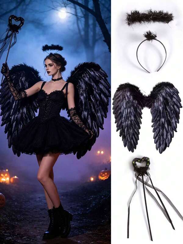 3pcs Halloween Black Angel Wings Costume Accessories, Party Outfit Props, Gothic Style Role Play Props, Halloween Party Supplies, Masquerade