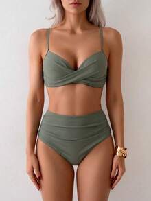 Summer Solid Color Elegant Bohemian Sweet Style Two Pieces Bikini Swimsuit Beach Vacation Set - Army Green - View 4