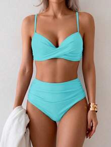 Summer Solid Color Elegant Bohemian Sweet Style Two Pieces Bikini Swimsuit Beach Vacation Set - Mint Green - View 4