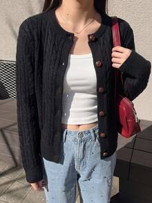 女士高端韩版长袖针织开衫复古纽扣秋冬日常约会通勤长袖上衣 - 黑色 - 查看 2