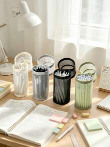 Minimalist Transparent Mesh Large Capacity Pencil Case, Flip Cover Solid Color Pen Bag, Portable Stationery Storage Bag - Multiple Styles - View 3
