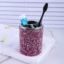 Shiny Rhinestone Toothbrush Holder, Sparkling Sequin Divided Storage Cup, Decorative Countertop Organizer, Suitable For Toothbrushes, Toothpaste, Makeup Brushes, Luxury Vanity Decor For Home, Dorm And Hotel Bathrooms - Silver - View 8