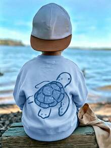 1pc Boys Casual Printed Crew Neck Sweatshirt, Turtle Graphic Long Sleeve Top, Street Style Fashion Kids Wear - Baby Blue - View 2