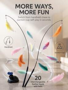7Alas 23Pcs Interactive Cat Teaser Wand Set With Detachable Feather & Bell Replacement Heads, Suction Cup Handheld Dual-Mode Indoor Hunting Exercise Toys For Kittens And Adult Cats, Self-Play Or Owner Bonding - View 3