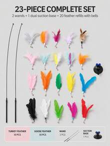 7Alas 23Pcs Interactive Cat Teaser Wand Set With Detachable Feather & Bell Replacement Heads, Suction Cup Handheld Dual-Mode Indoor Hunting Exercise Toys For Kittens And Adult Cats, Self-Play Or Owner Bonding - View 9
