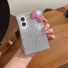Full Rhinestone 3D Bowknot Sparkling Wrist Strap Phone Case Compatible With Galaxy Z Fold3/Fold4/Fold5/Fold6/Fold7/8 Foldable Screen Luxury Full Coverage Anti-Drop Protective Shell - Silver Diamond Pink Bow - View 7