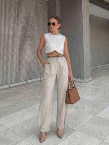 Women's Khaki High Waist Wide Leg Pants, Casual Pleated Hem Trousers, Elegant For Office, Work, Daily Wear, Vacation, Spring/Summer - Light Khaki - View 1