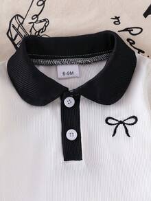 Baby Girl 2pcs Set, Contrast Color Lapel Button Bow Ribbed Long Sleeve Pullover Top + Letter Distressed Butterfly Print Denim Pants - White - View 6