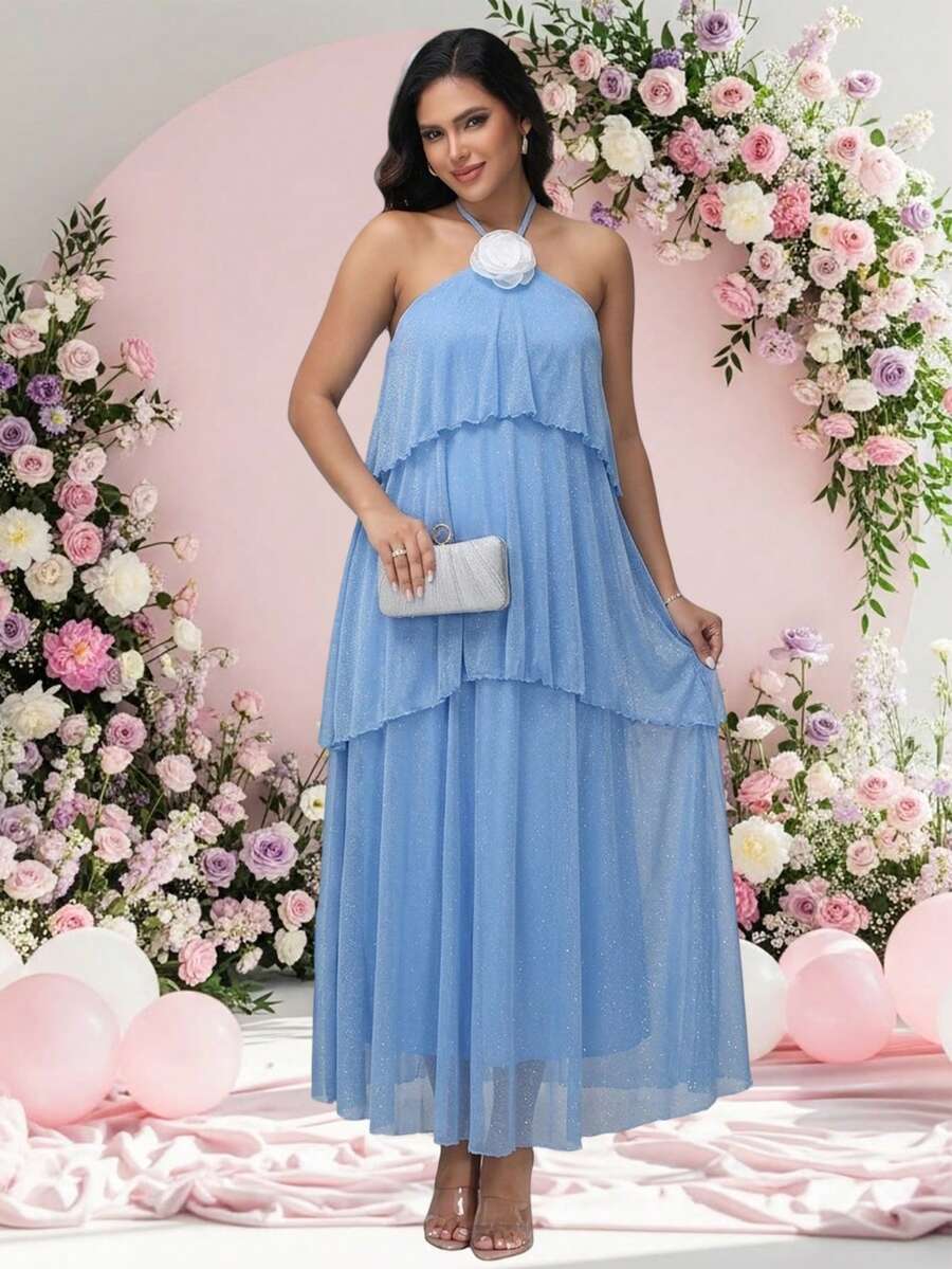 JustVH Đầm bầu thanh lịch dây mảnh, bèo lưới xếp lớp và trang trí hoa 3D, phù hợp chụp ảnh tiệc đón em bé mùa thu - Màu xanh lam - Xem 1