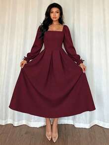 Women's Formal Square Neck Midi Dress, Long Pleated Ruffle Sleeves, Flared A-Line Non-Stretch Woven Fabric - Burgundy - View 5