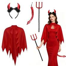 Red Devil 1/2/4 Piece Set, Halloween Female Devil Costume, Red Devil Horn Headband, Red Cape, Decorative Tail, Trident, Adult Role Play Outfit, Suitable For Halloween, Masquerade, Cosplay, Stage Performance, Costume Party And Other Themed Events - Multicolor - View 1