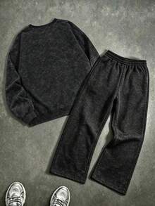 2pcs/Set Girls Round Neck Sweatshirt With Leopard Print & Lightning Print, Paired With Simple Casual Wide Leg Pants, Fashionable Autumn/Winter New Outfit - Black - View 3