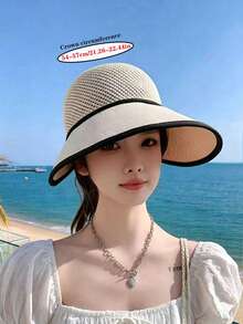 1pc Women's Solid Color Knitted Wide Brim Sun Hat, Breathable Mesh Top, Letter Print, Suitable For Outdoor Sports And Travel, Spring/Autumn/Summer - Multicolor - View 3