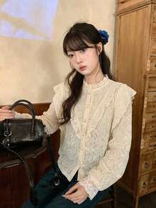Vintage Style Stand Collar Long Sleeve Shirt With Textured Lace Details - Apricot - View 1