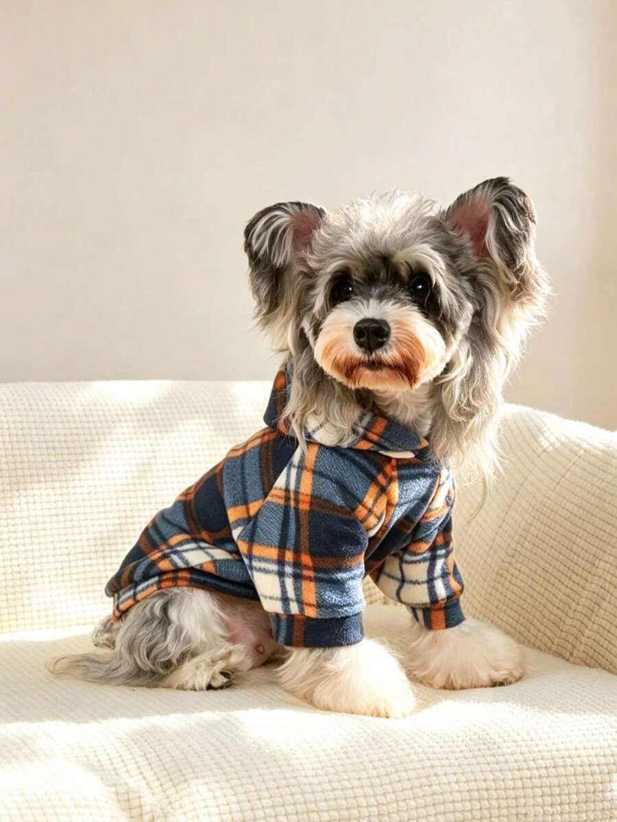 1pc Colorful Plaid Soft Fluffy Pet Hoodie, Cat, Small Dog, Spring And Autumn Item - Royal Blue - View 1