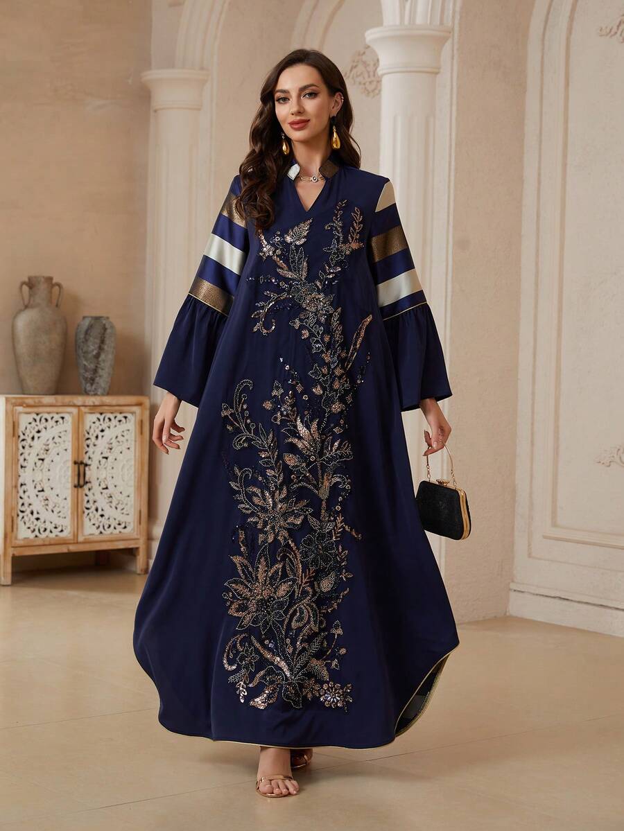Elegant Women's Small V-Neck Striped Heavy Sequin Long Robe, Loose Slimming Embroidered Evening Gown