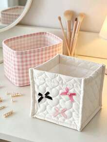 Heart Quilted Fabric Storage Basket With Pearl Bow, Desktop Cosmetic Organizer, Cute Bow Storage Box, Makeup Brush Holder, Stationery Organizer, Sweet Room Decor Box, Suitable For Dormitory Bedroom Cosmetic And Miscellaneous Storage, Back To School Dorm Essentials, Birthday Gift - Multicolor - View 9