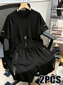 Setelan Celana Pendek dan Kaos Lengan Pendek Olahraga Lari dan Kebugaran Pria, Hitam, Musim Panas - Hitam - View 8
