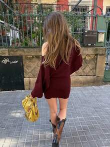 Women's New Elegant Knitted Short Dress, Asymmetrical Neckline, Long Sleeve Slim Fit Style, Suitable For Autumn And Special Occasions - Burgundy - View 3
