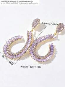 1 Pair Fashion Women's Asymmetrical U-Shaped Rhinestone Drop Earrings, Glamorous Sparkling Exquisite Earrings Suitable For Party And Banquet Wear - Gold & Purple - View 4