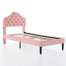 Twin Size Upholstered Platform Bed Frame With Adjustable Headboard, Velvet Single Bed With Wood Slat Support, No Box Spring Needed, Easy Assembly, 90x200cm - 粉色 - 查看 5