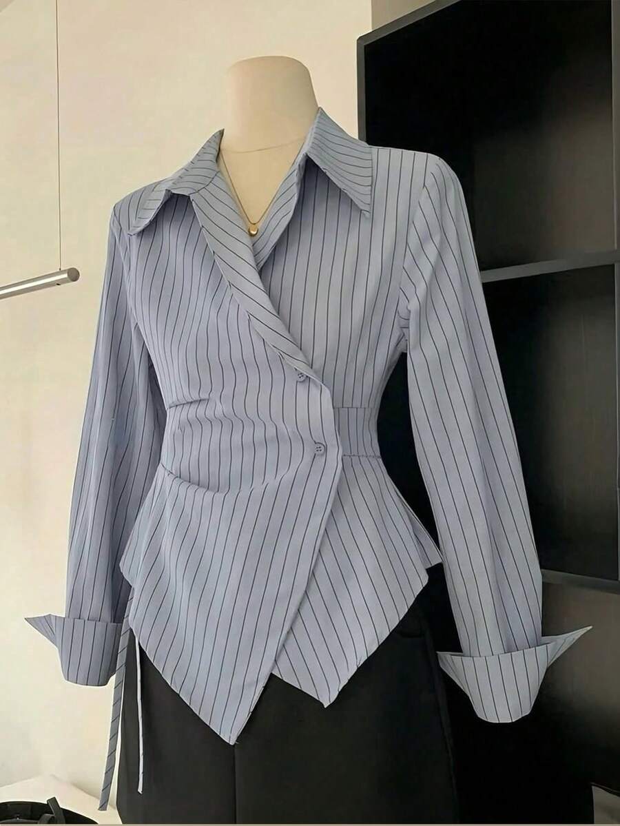 Women's Casual Commuter Striped Print Wrap Button Front Asymmetrical Hem Shirt, Spring/Autumn - Dusty Blue - View 1