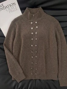 Maillard Brown Stand Collar Knitted Cardigan, Double-Breasted Metal Button Zipper Loose Short Wool Jacket - Brown - View 5