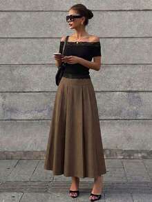 Grey High-Waisted Pleated Suit Skirt For Women, Slimming A-Line Mid-Length Skirt, Professional Office Style, Suitable For Daily Casual And Commute Wear - Coffee Brown - View 6