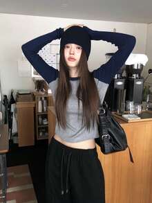 時尚百搭修身圓領撞色落肩袖羅紋針織毛衣 - 灰色 - 查看 3