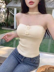 2026新款女士3D立体花卉吊带针织上衣，休闲度假风，无袖修身款，3D立体花卉贴花，纯米色针织衫，适合Y2K优雅女性街头风夏季穿着 - 杏色 - 查看 2