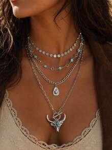 4pcs/Set Western Cowboy Vintage Turquoise Bull Head Hat Pendant Necklace With Round Diamond Chain And Round Disc Chain Layered Necklace, Fashionable Personalized Women's Neck Jewelry Suitable For Daily Wear, Dating, Vacation And Party, Handmade Chain Cut By Length - Multicolor - View 1