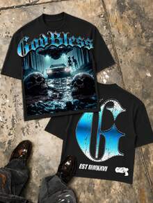 Double Sided UFO Alien Graphic Tee, Oversized Y2K Streetwear Summer Top For Men, Father Day 4th Of July Gift - 黑色2 - 查看 13