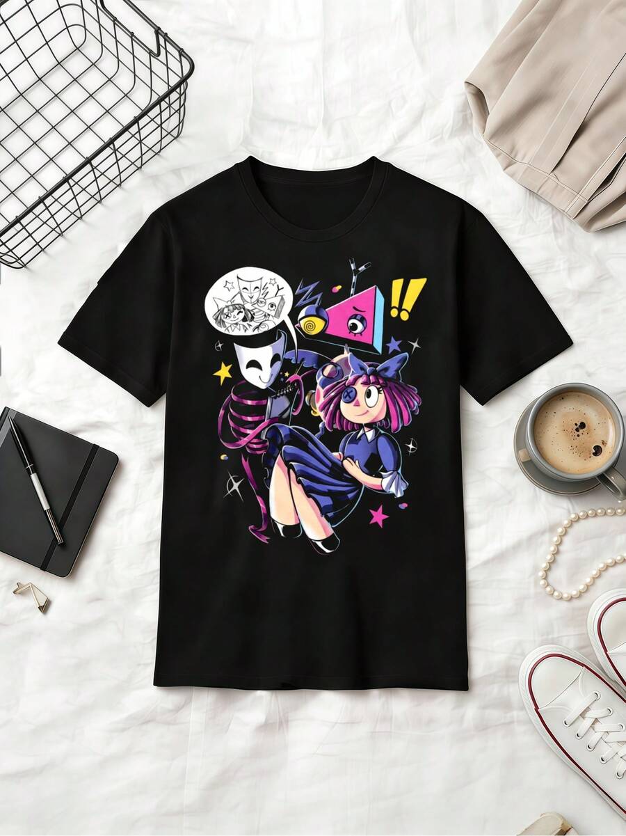 Women Retro Y2K The Amazing DigitalS Circus Ragatha %26 Gangle Couple Cartoon Graffiti Printed Cotton Short Sleeve Street Tee - 黑色 - 查看 1