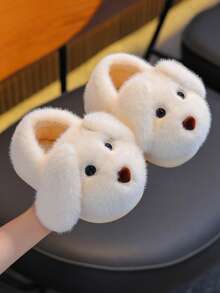 1 Pair Boys & Girls Plush Slippers, Dog Ear Design, Fuzzy Lining, Non-Slip Soft Rubber Sole, Suitable For Toddlers And Children Indoor Warm Home Slippers - White - View 3