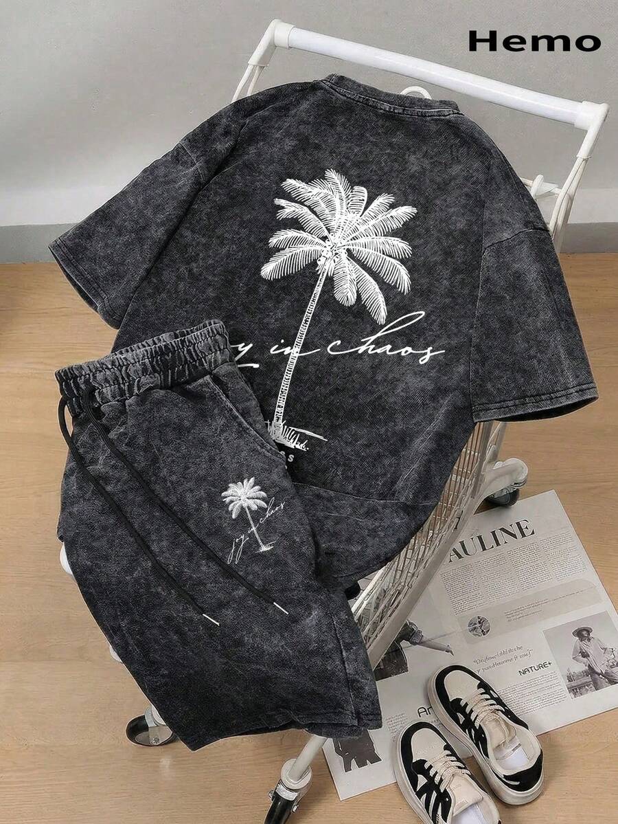Hemo, Men's Street Style Graphic T-Shirt And Shorts Set, Stretchy Washed Black Casual Beach Holiday 2-Piece Outfit - Black - View 1