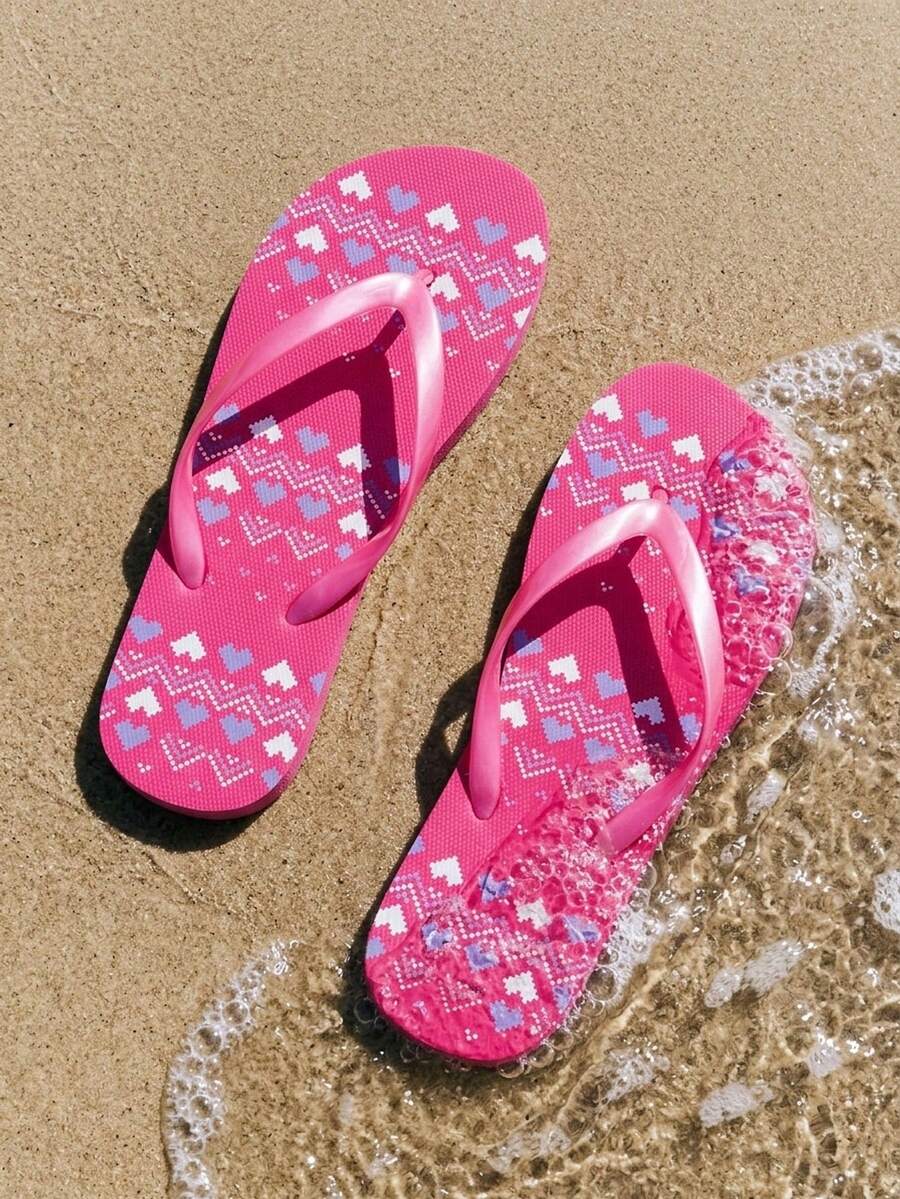 Grefit 女款夏季印花對比色夾腳拖鞋,圓頭平底,休閒度假風沙灘涼鞋 - 玫紅色 - 查看 1