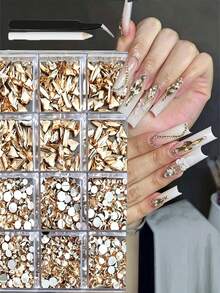 12-Grid/Box Nail Art Rhinestone Set, Includes Pickup Pen, Champagne Color Nail Decorations, Various Shapes For DIY, 3D Embellishments, Nail Supplies, Suitable For Daily Use And Nail Salons - Champagne - View 1