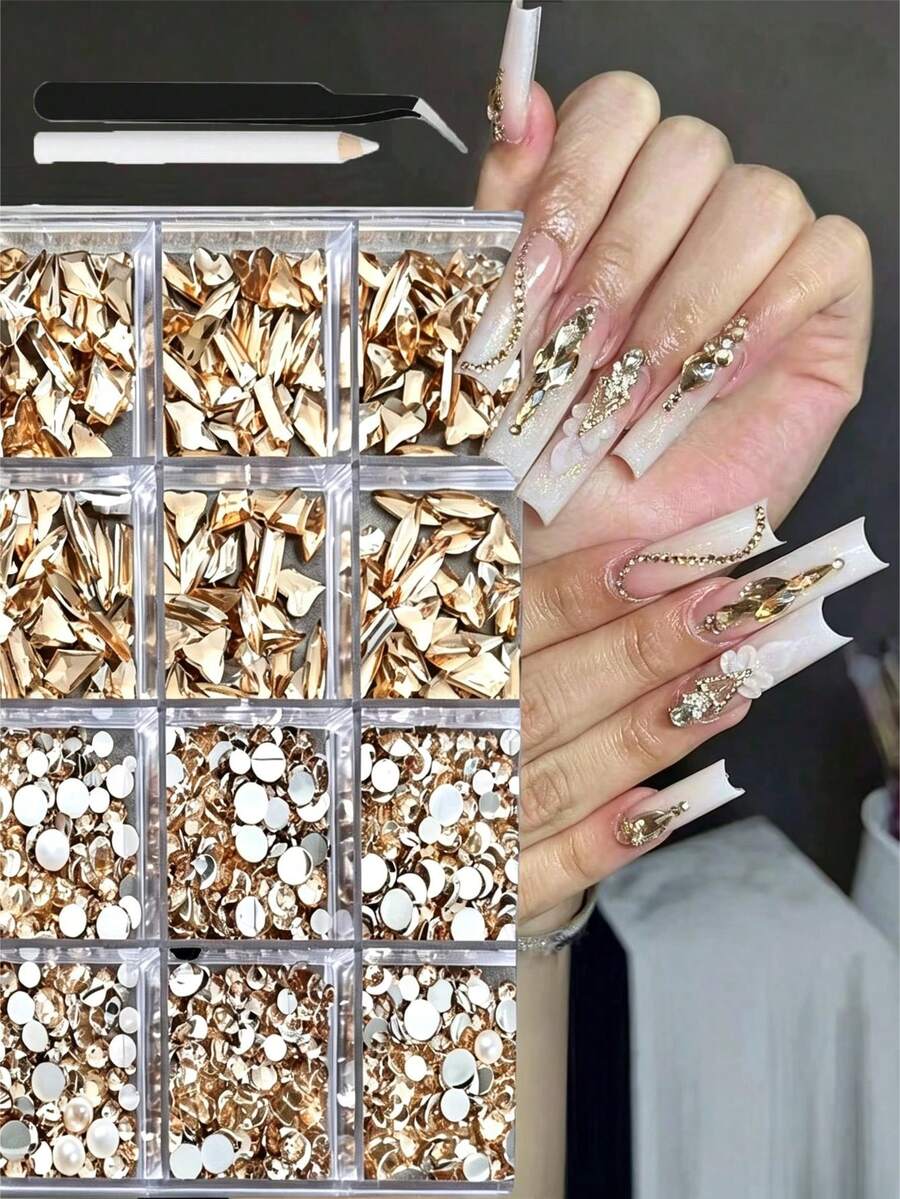 12-Grid/Box Nail Art Rhinestone Set, Includes Pickup Pen, Champagne Color Nail Decorations, Various Shapes For DIY, 3D Embellishments, Nail Supplies, Suitable For Daily Use And Nail Salons - Champagne - View 1