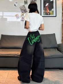 1pc American Street Style Embroidered Women's Cocoon Wide Leg Loose Comfortable All-Season Denim Pants (Belt/Accessories Not Included) - Black - View 5