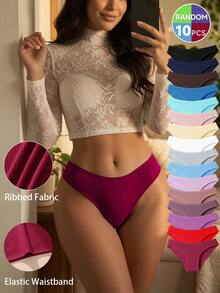 10pcs Celana Dalam Wanita Katun Bergaris Warna Polos Acak Kasual Nyaman Minimalis - MultiWarna - View 2