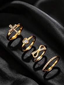4pcs Exquisite 18K Gold Plated Stainless Steel Rhinestone Cross Heart Bow Rings For Women And Men, Daily Wear, Dating, Gift - Gold - View 7