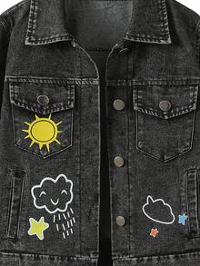 Tween Girls Y2K Style Denim Jacket And Coat, Big Tween Girl Retro Black Denim, Cartoon Rainbow Letter Print, Multi-Pocket Single-Breasted Open Front Lapel Long Sleeve Top, Suitable For Spring Summer Autumn Winter, Daily Wear, School, Commuting - Black - View 5