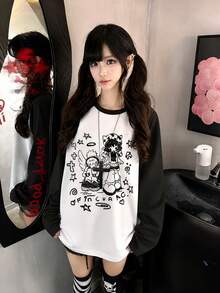 Y2K Millennium Style Women's Round Neck T-Shirt 1pc Casual Loose Cartoon Print Pattern Versatile Daily Raglan Sleeve Long Sleeve Top - White - View 1