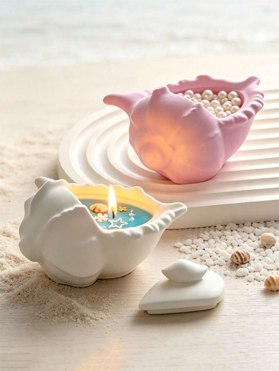 3D 螺殼蠟燭罐矽膠模具附蓋 DIY 海洋貝殼收納盒 手作石膏樹脂花盆黏土模具 家居裝飾藝術禮品 - 白色矽膠模具 - 查看 1