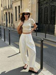 PEONY Women's Summer Casual Elegant Minimalist Solid Color Spring Summer Autumn Discount Pocket White Loose Curved Balloon Pants, Summer Long Pants, Non-See-Through Skin-Tone Stretch Comfortable Fabric, Suitable For Summer Vacation, Beach Holiday, Daily, Commute, Back To School, Party, Graduation Ceremony, Festival, Beach - White - View 2