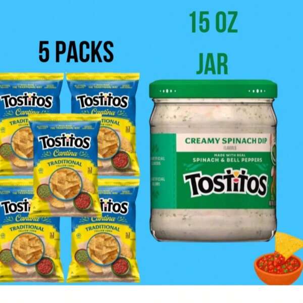Tostitos Creamy Spinach Dip, 15 Oz Jar & Traditional Cantina Tortilla Chips, 11 Oz Bags – 5 Pack Snack Combo