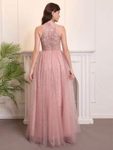 Women's Elegant Backless Sleeveless Long Tulle Ball Gown, Decorated With Applique And Sequin Details, Suitable For Prom And Formal Occasions - Dusty Pink - View 2