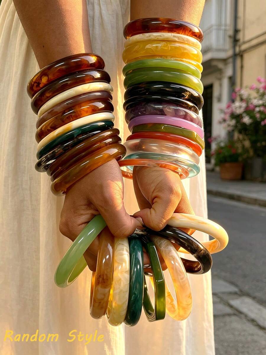 12/8/4pcs Multi-Piece Stackable Fashionable Minimalist Elegant Exquisite Vintage Design Colorful Resin Geometric Asymmetrical Marbled Pattern Shiny Chunky Bangle Bracelet Set, Holiday Vacation Party Date Gift, Daily Commute Wear, Personalized - Multicolor - View 1