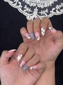 10Pcs Short Almond Handmade Press‑On Nails, Mixed Nude & Cream Base Design, Hand‑Painted Blueberry Floral Print + Blue‑White Vertical Stripes, Fresh Summer Minimalist Reusable False Nail Set For Daily Wear & Dates - Follow Your Heart - View 7